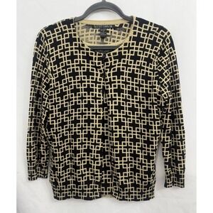 SCOTT TAYLOR Cardigan Tank Twinset Black Beige Geometric 2 Pc Womens Size S